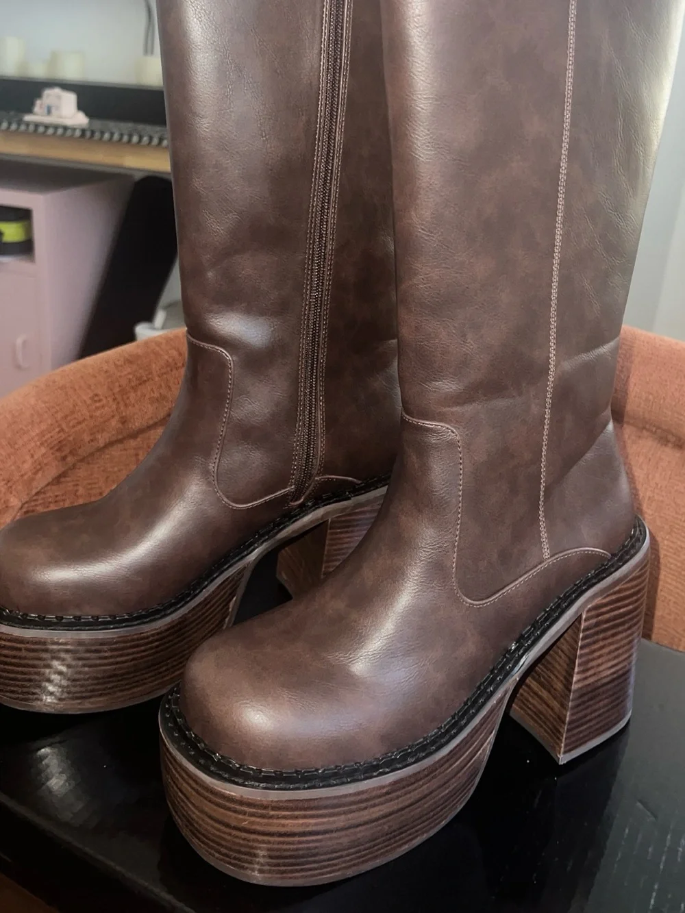 Women’s Brown Platform Knee-High Boots - Picture 1 of 7